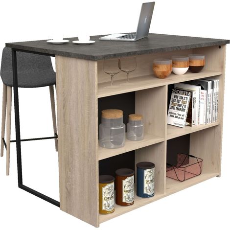 Isla de Cocina Arko Estilo Industrial en Color Roble Áspero y Negro con 5 Huecos de Almacenamiento 109x90x80 cm (1/5)