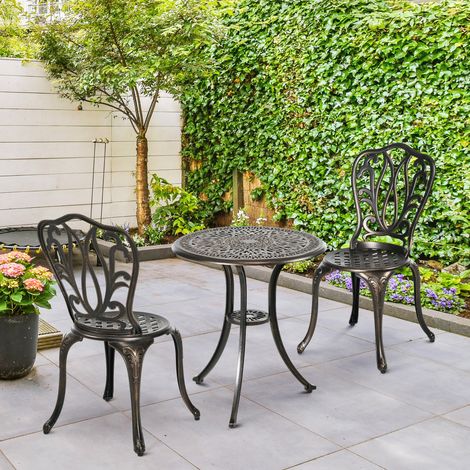 2-Sitzer-Gartenmöbelset mit 2 Stühlen und rundem Tisch im charmanten Retro-Stil, gefertigt aus Aluminiumguss und Bronze