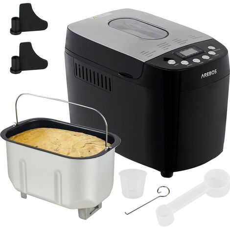 AREBOS machine à pain 1500g  avec 15 programmes  2 crochets pétrisseurs  minuterie  écran LCD  3 degrés de brunissage et tailles de pain  850 W  noir (1/5)