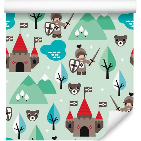Papier peint vert et château « Chevaliers de l'arbre » pour salon et chambre 50x1000 cm (1/5)