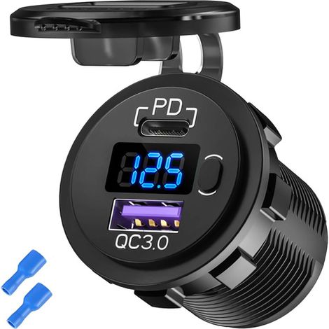 Caricabatterie da auto USB QC 3.0 + adattatore USB-C Type-C PD, presa accendisigari per auto, voltmetro LED, 48W, vetro per telefono, nero (1/2)
