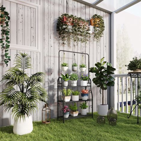 Porte-plantes en métal noir à 3 niveaux avec barre et 3 crochets, 75 x 25 x 137 cm (1/5)