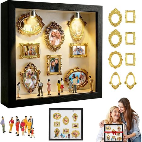 DIY-Mini-Museum mit tiefem Bilderrahmen, Vintage-Mini-Fotorahmen, Museum mit LED-Beleuchtung, kreatives Ausstellungsset für Erinnerungsstücke mit Minifiguren und Goldrahmen, Valentinstag, Geburtstag (1/5)