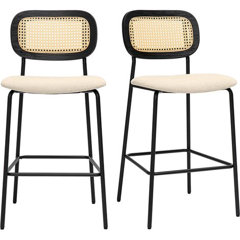 Sgabelli design in tessuto effetto velluto beige, metallo nero e canna di rattan (set di 2) MIRANDA