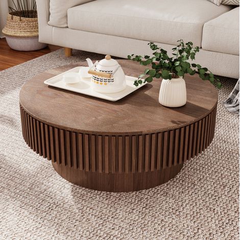 Table basse ronde 75 cm avec rangement, MDF et placage bois, coloris noyer, REDOM (1/5)