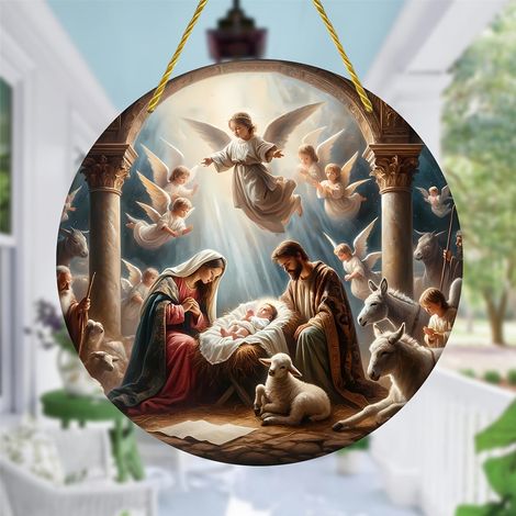 Panneau Décoratif Ronde - Bois Naturel - Thème Nativité - Pour Porte Mur Salon Chambre - 15 cm - 1 Pièce (1/5)
