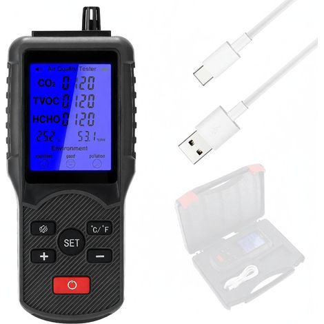 Analyseur Qualite Air CO2 Detecteur TVOC HCHO Humidite Temperature Interieur Ecran LCD Capteur Portable pour Voiture (1/5)