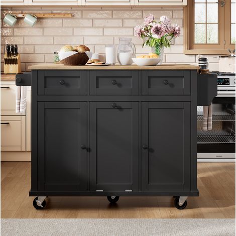 Isola da cucina mobile con ruote, piano estraibile e pieghevole, vano per bidone e cassetti, nero (1/5)