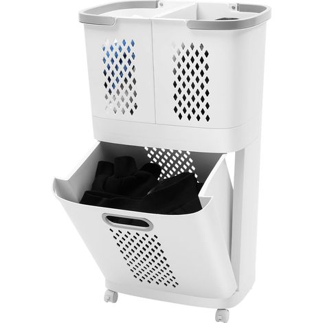 Panier à Linge Maison, Panier de Rangement Vêtements 2 Couches, Panier à Linge Roulant Moderne, Avec Autocollants Non Marquants, Multiusage pour Salle de Bain et Chambre, Blanc/Gris