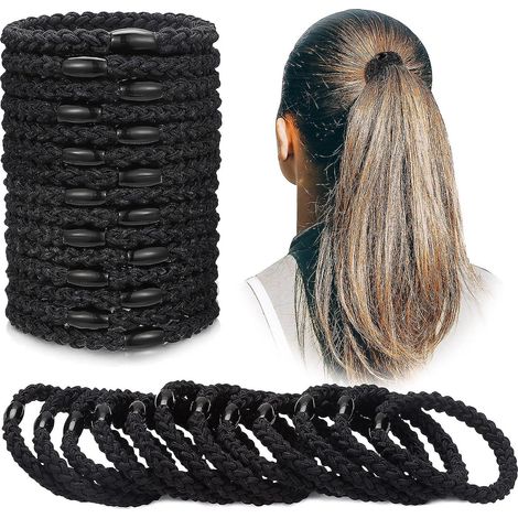 Set mit 12 schwarzen, geflochtenen Haargummis aus Baumwolle mit Kordelzug für Pferdeschwänze, für Frauen mit dickem und lockigem Haar. (1/5)