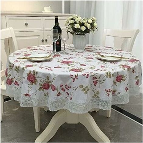 Nappe ronde en toile cirée PVC 180 cm – Motif floral et dentelle – Anti-tache et imperméable – Pour salle à manger, jardin, café