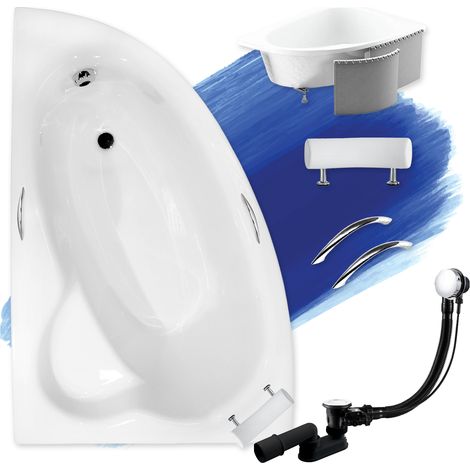 Baignoire Bain d'angle 150x100 Gauche avec des panneaux en polystyrène + poignée + appui-tête, Siphon de bain et pieds 6en1 - BADLAND NATALIA PREMIUM