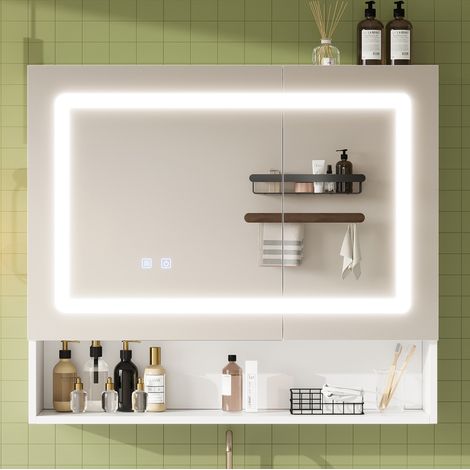 Mobile specchio bagno 80x17x70 cm a 2 ante con LED, antiappannamento, ripiano regolabile, MDF bianco (1/5)