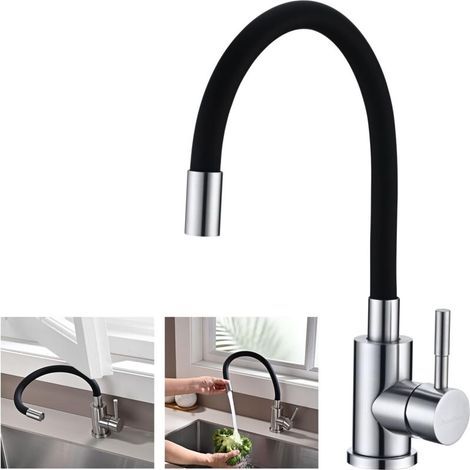 Robinet Cuisine Flexible, Mitigeur Cuisine Noir avec Bec Flexible, Robinet Evier de Cuisine, Robinetterie Cuisine, Mitigeur Evier Pivotant À 360°, Acier Inoxydable, Noir (1/5)