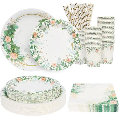 Assiettes jetables vert sauge pour fête prénatale, anniversaire, mariage, 25 pièces, tasses et serviettes (1/5)