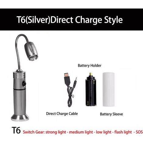 Lampe torche LED argentée - Extérieure - Zoom réglable - Ultra-lumineuse - 360° - Camping - Urgence - Base magnétique (1/5)