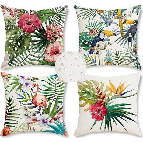 Waterproof Outdoor Cushion Cover Tropical Leaves 40 x 40 cm Brown Green Linen Decorative Pillow Case for Sofa Home Garden Summer Decoration 4 Pieces (1/5)
