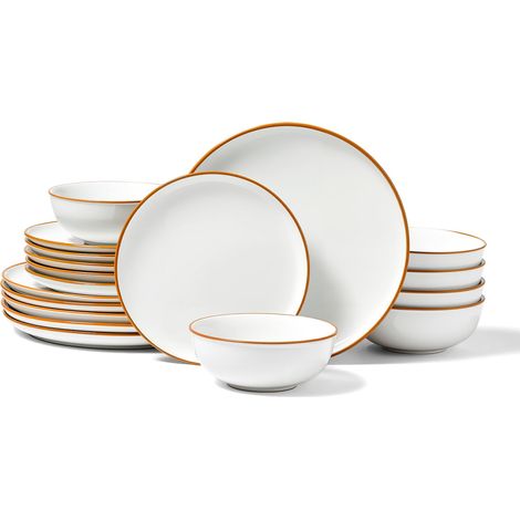Service de table pour 6 personnes, assiettes rondes et bols, résistant aux rayures, en céramique, passe au lave-vaisselle et au micro-ondes, pour dessert, salade, soupe, pâtes, blanc (1/5)
