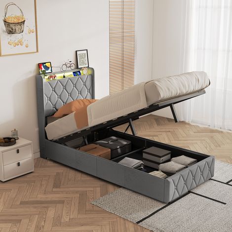 Lit coffre 90x200 cm, lit capitonné simple 90x200cm avec LED intégrée et port de charge USB, Lit pour adolescent,sommier à lattes, Rangement Hydraulique,velours,Gris foncé (1/5)
