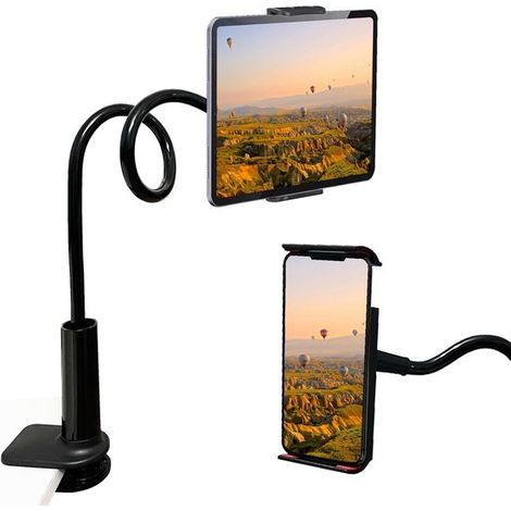 Support tablette universel – Bras flexible 138 cm – 360° – Pince stable – Noir – Lit et bureau – Pour iPad et téléphone (1/5)