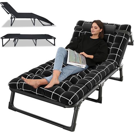 FIANAO – Campingliege – Ruheliege – faltbar, 4-fach verstellbar, mit Kissen – für Außenbereich, Büro, Pool, Terrasse & Strand – Maße: 190 × 75 × 30 cm – Schwarz (1/5)