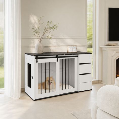 Cage Chien Meuble 2 en 1 avec Rangement et Porte Coulissante Table d'Appoint Salon Effet Marbre 140cm (1/5)