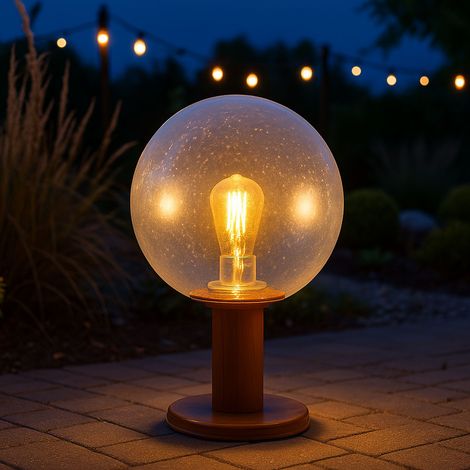 Garten Außenbeleuchtung Sockelleuchte Außen E27 Außenlampe Stehlampe, Alu Holzoptik Glaskugel, Blasen-Optik, 1x LED 7W 806Lm warmweiß, DxH 25x38 cm