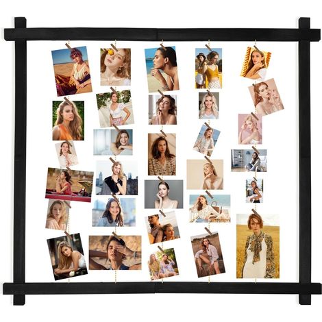 Cadre photo en bois pour plusieurs images, cadre photo collage mural avec clips, panneau photo suspendu pour la décoration intérieure(Noir Rustique, Lot de 1) (1/5)