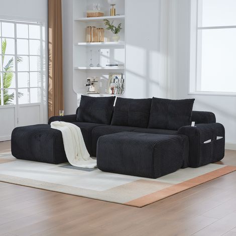 FloraGrace canapé modulaire 3 places, 268 x 174 x 80 cm, velours côtelé noir, 2 poufs, porte gobelet, poche latérale (1/5)
