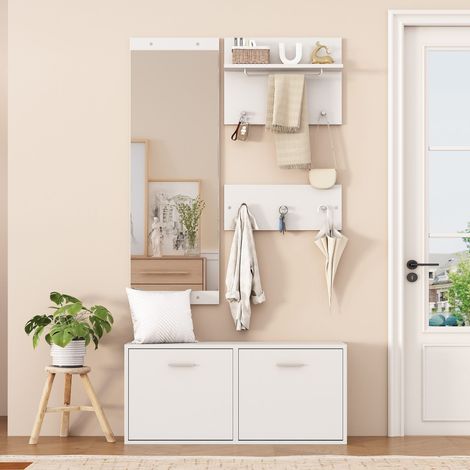 Ensemble vestiaire entrée 4 pièces blanc avec miroir, meuble à chaussures avec banc, 6 crochets, 2 porte-manteaux muraux et rangement chaussures (1/5)
