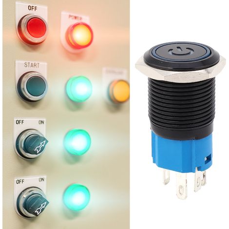 2 interrupteurs métalliques autobloquants noirs, protection IP65, avec lampe LED et symbole, 16 mm (bleu, 3-6 V CC) (1/5)