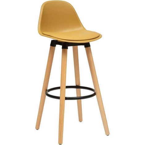 Tabouret de bar scandinave Maxon, jaune ocre - Hauteur 91,4 cm, pieds en hêtre, assise confortable - pour cuisine, bar (1/5)