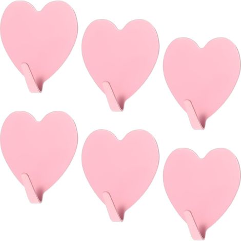 6 ganchos autoadhesivos de acero inoxidable con forma de corazón rosa, para decorar puertas, pasillos, baños y cocinas. (1/5)