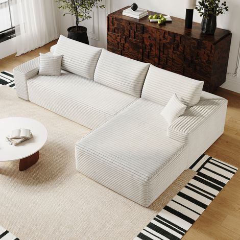 Divano modulare angolare, chaise longue a L, seduta in schiuma elastica, senza attrezzi, tessuto bianco (1/5)