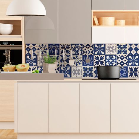 Sticker Mural Carrelage adhésif Cuisine Salle de Bain - 9 STICKERS CARREAUX DE CIMENT AZULEJOS LINIA - 9stickers15x15cm (1/5)