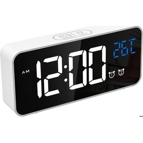 Réveil numérique LED miroir blanc AUCUNE, rechargeable, double alarme, 13 sons, volume réglable (1/5)