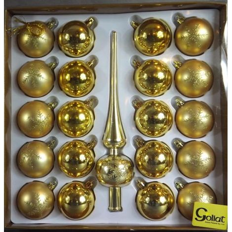 Elegante set di 20 palline decorative in plastica dorata con finitura in vetro.