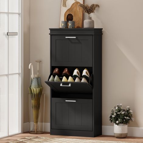 Meuble à chaussures. armoire à chaussures 3 portes abattants 15 paires. étagères réglables. 54 x 24 x 117.5 cm. noir