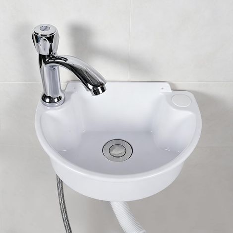 Ensemble d'évier en plastique avec bec verseur, lavabo à main avec robinet, tuyau et accessoires de drainage, demi-cercle courbé pour jardin, garage, cave, camping, toilettes (gris) (1/5)