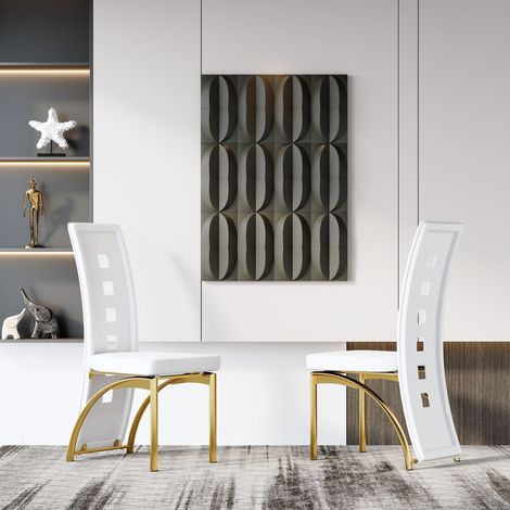Chaises repas lot de 2, PU blanc mat, dossier ajouré, doré (1/5)