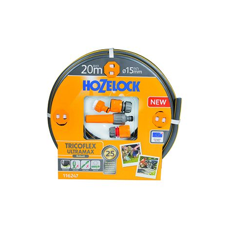tuyau d'arrosage ø15mm x l 20m tricoflex ultramax hozelock tricoté 5 couches, robuste et anti-torsion, gris avec sur-épaisseurs