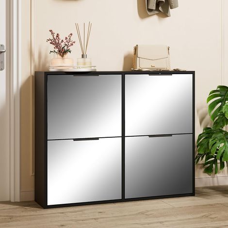 UEV Armoire à Chaussures avec Miroir, Étagère à Chaussures avec 4 Compartiments, Meuble de Rangement pour Chaussures, Étagère Réglable et Amovible, pour Couloir, Entrée, 100 x 23 x 80,5 cm, Noir