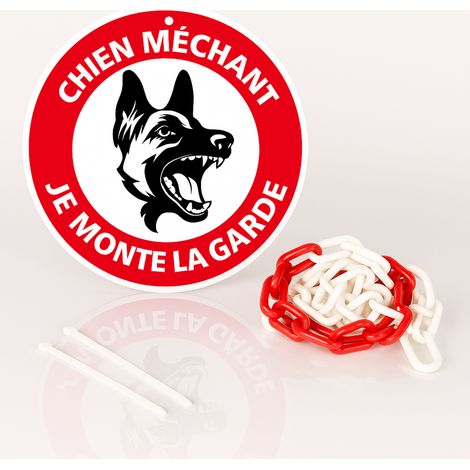 Chien méchant je monte la garde disque rigide prépercé avec chaine plastique rouge/blanc avec collier de serrage de serrage - panneau rond signalisation Diamètre 300 mm