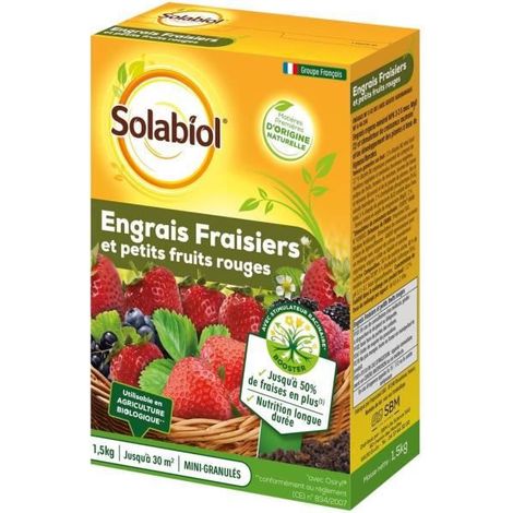 SOLABIOL Engrais Fraisiers & Petits Fruits - 1,5kg - Jusqu'à 30m² - Stimulateur De Croissance - Nutrition Longue Durée - Jusqu'à 50% De Fraises En Plus - Utilisable En Agriculture Biologique SOFRAY15