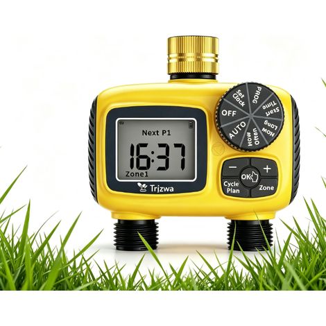 TRJZWA Timer d'arrosage automatique 2 sorties, Timer en laiton IP55 Timer d'irrigation numérique pour tuyaux, jardin, pelouse, balcon, pot à fleurs, plante, patio, serre (1/5)