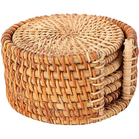 Ensemble de 6 sous-verres ronds en rotin avec support pour table, salle à manger et cuisine (1/5)