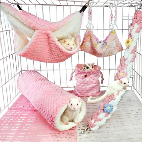 5 Pièces Hamac Furet pour Cage Furet, Tunnel Cochon d’Inde, Hamac Rat et Hamac Cochon d’Inde, Lit Suspendu avec Corde et Cachette pour Hamster, Furet et Sugar Glider (1/5)