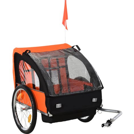 Remorque à Vélo pour Enfants avec 2 Places, 2 Ceintures de Sécurité, Châssis en Acier et Couverture en Tissu Oxford Orange (1/5)