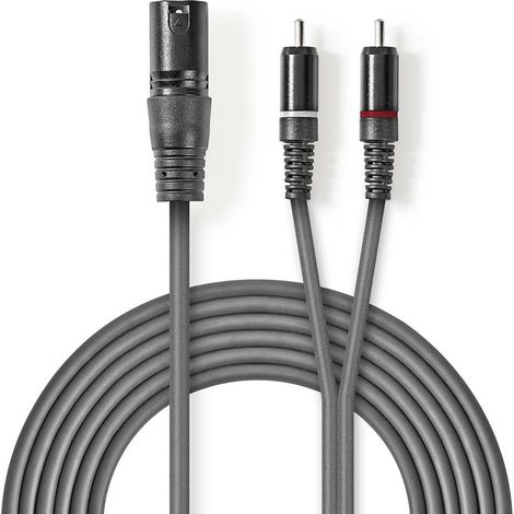 Cable de audio balanceado  XLR macho de 3 pines  2x RCA macho  Niquelado  3,00 metros  Redondo  PVC  Gris oscuro  Funda de cartón