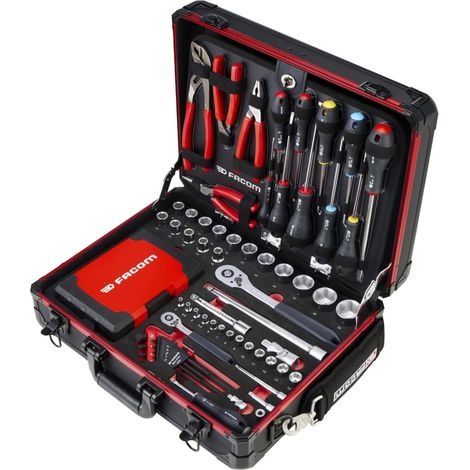 Facom – Valise aluminium 181 outils – Mallette légère avec 3 plateaux + module mousse bicolore – Bandoulière renforcée – Organisation verticale